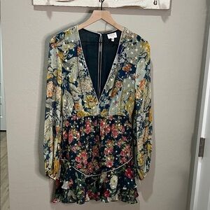 HEMANT & NANDITA Floral Mini Dress Ruffle Boho India Rare Green Gold $500 New